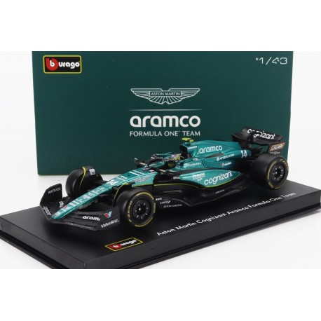 Aston Martin Mercedes AMR23 14 Fernando Alonso F1 with driver and showcase 2023 Bburago BU38091A