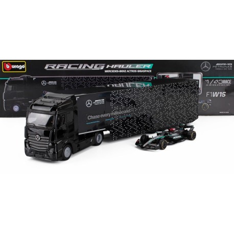 Mercedes Benz Actros 2 Gigaspace Transporter with Mercedes F1 W14 44 Lewis Hamilton F1 2023 Bburago 18-38402