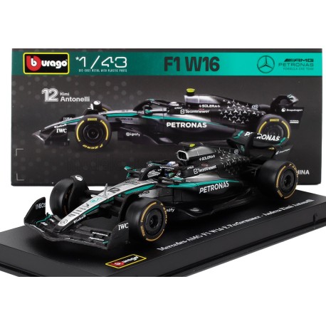 Mercedes AMG W16 with driver and showcase 12 Andrea Kimi Antonelli F1 2025 Bburago BU38238-A