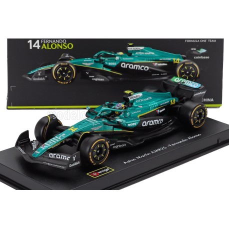 Aston Martin Mercedes AMR25 with driver and showcase 14 Fernando Alonso F1 2025 Bburago BU38251-A
