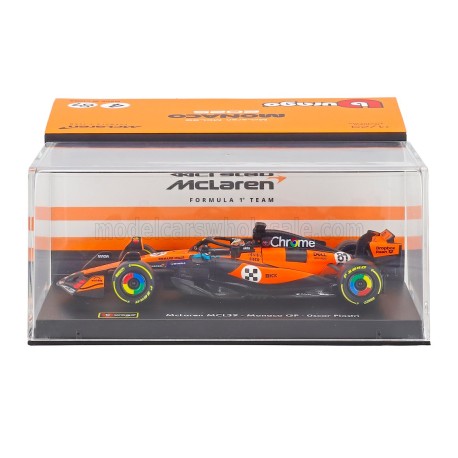 McLaren Mercedes MCL39 with driver and showcase 81 Oscar Piastri F1 Monaco 2025 Bburago BU38249-MON-81
