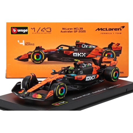 McLaren Mercedes MCL39 with driver and showcase 4 Lando Norris F1 2025 Bburago BU38249-N