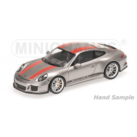 Porsche 911 R 2016 Silver with red stripes and black writing Minichamps 410066222