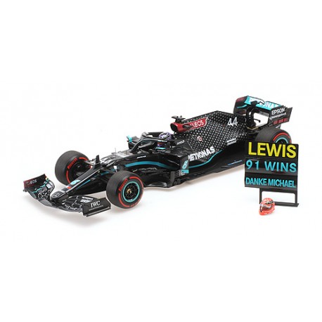 Mercedes F1 W11 EQ Performance 44 F1 91st Win Eifel 2020 Lewis Hamilton with pitboard and Schumacher helmet Minichamps 110201144