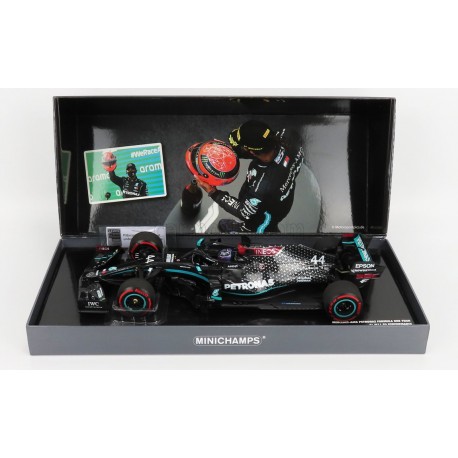 Mercedes F1 W11 EQ Performance 44 F1 91st Win Eifel 2020 Lewis Hamilton with pitboard and Schumacher helmet Minichamps 113201144