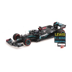 Mercedes F1 W11 EQ Performance 44 F1 91st Win Eifel 2020 Lewis Hamilton with pitboard and helmet Minichamps 410201144
