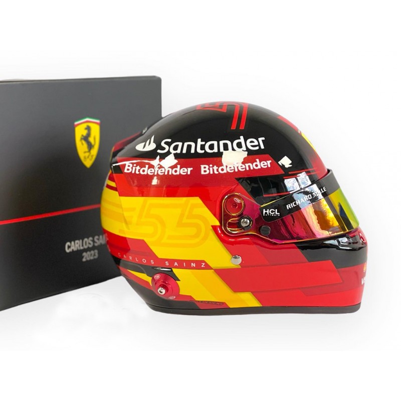 Mini Casque Ferrari F1 Carlos Sainz édition Spéciale GP Italie 2024 | Modèle LookSmart Spark échelle 1/5 | Noir Et Jaune Avec Boîte Présentation